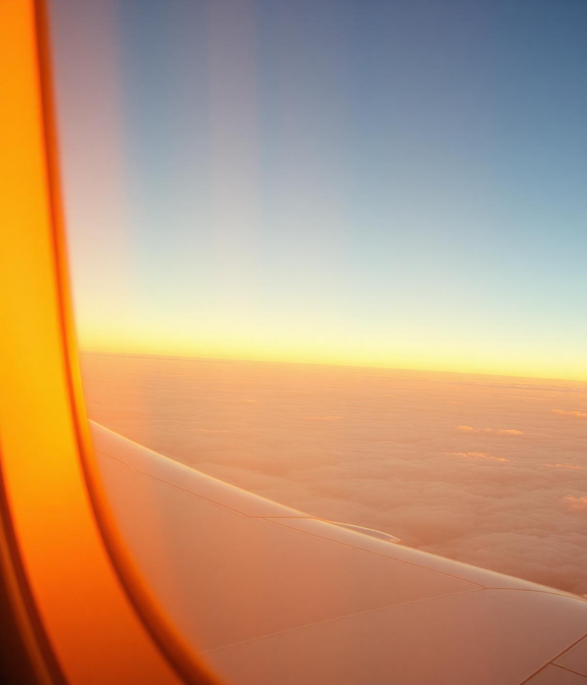 Airplane window at sunset