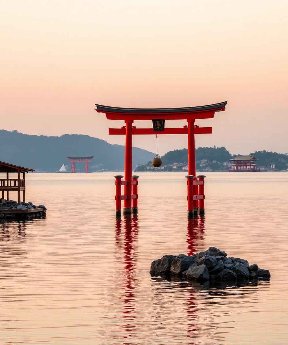 Floating torii gate at Miyajima at golden hour