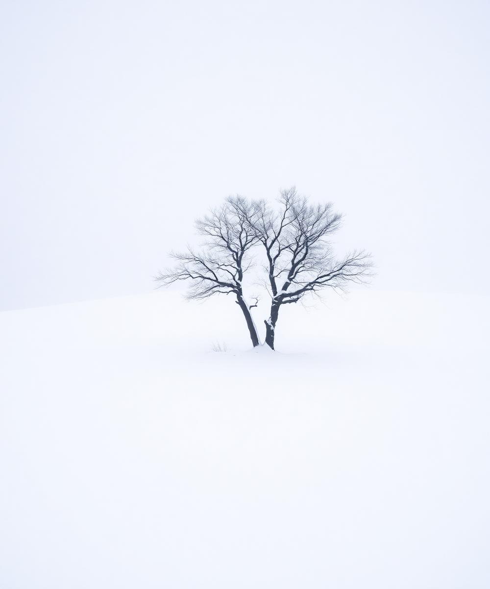 Lone tree in a snowy Hokkaido landscape
