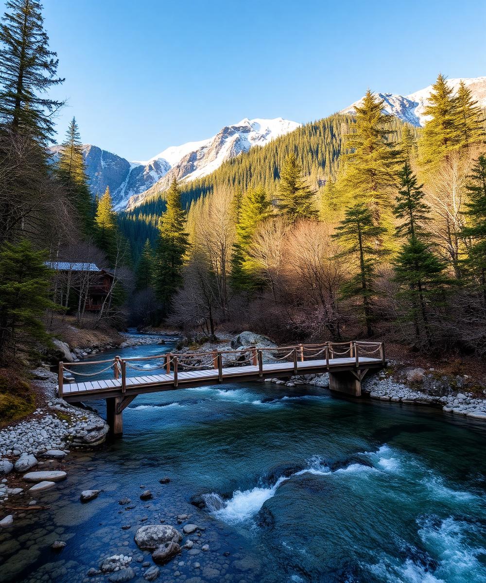 Wooden bridge over a clear alpine river in Kamikochi