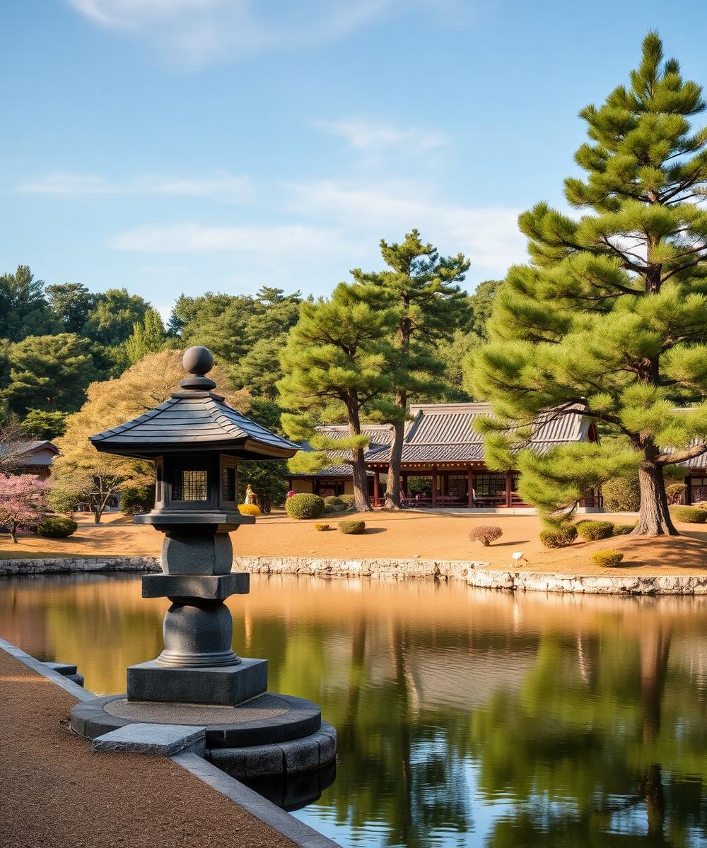 Stone lantern beside a pond in Kenrokuen garden, Kanazawa