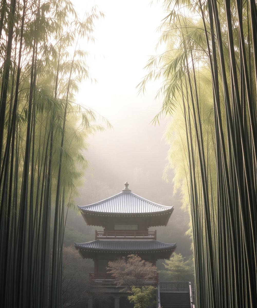 Kyoto temple among bamboo in morning mist