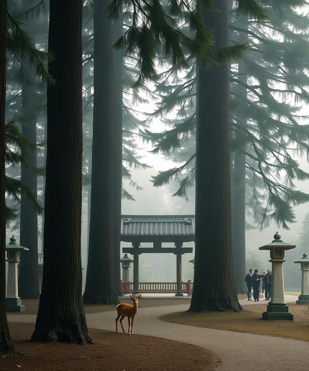 Deer among tall cedar trees in Nara