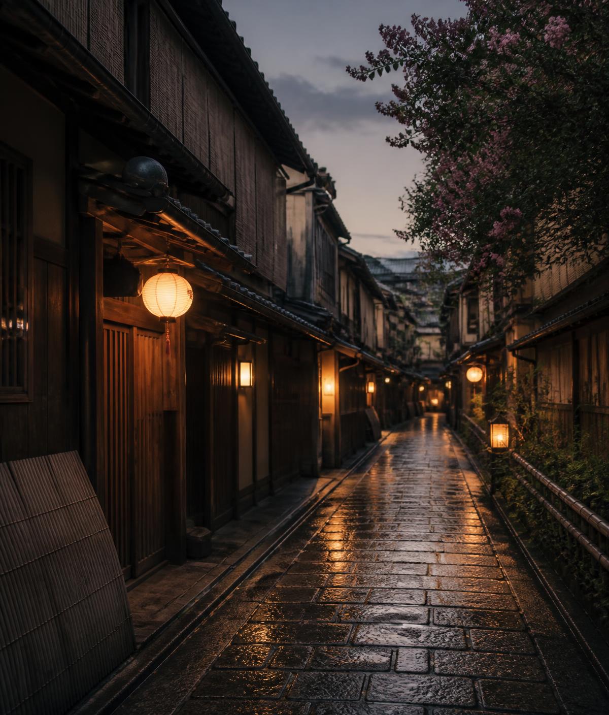 A quiet traditional Kyoto street with paper lanterns at dusk